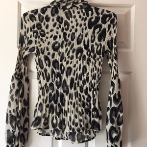 Leopard silky, ruffles, puffy sleeves blouse